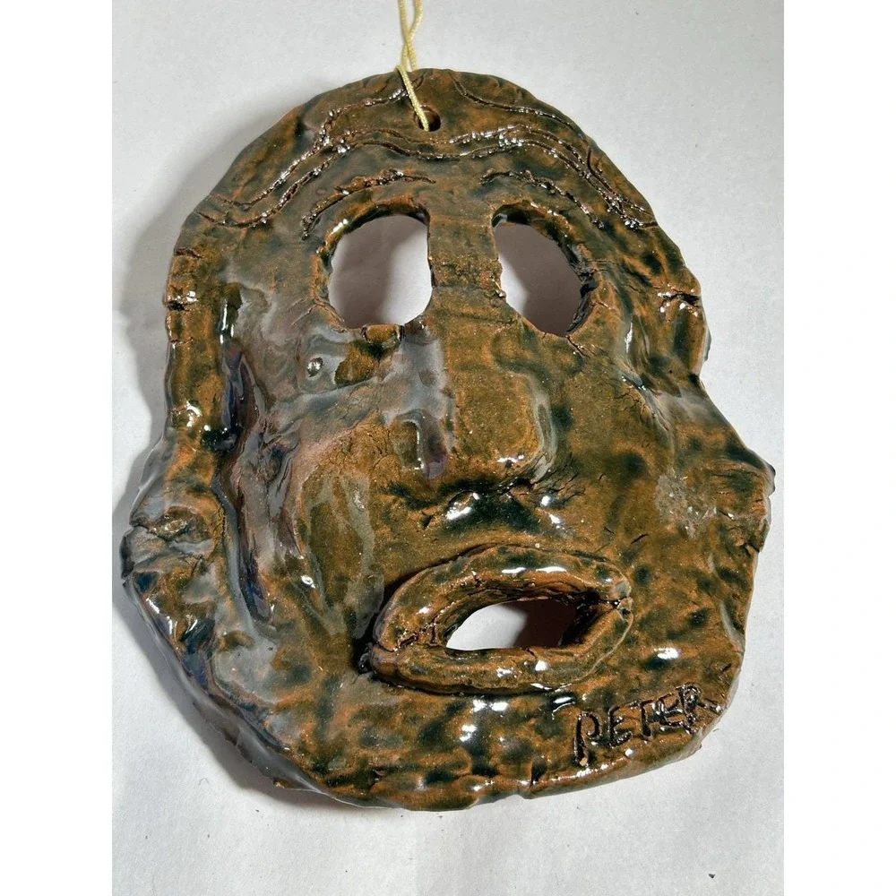 Vintage Clay Face Folk Art Ornament Hang Signed  Peter Artist Decor Collectible